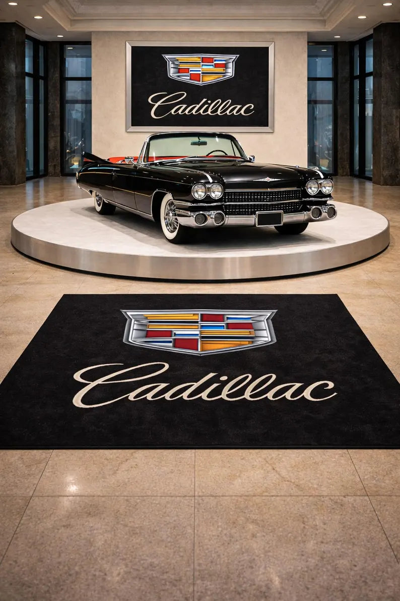 Cadillac Garage Floor Mat 5x7 FT (60x87 Inches) Premium Showroom Rug & Wall Decor Luxury Racing Style