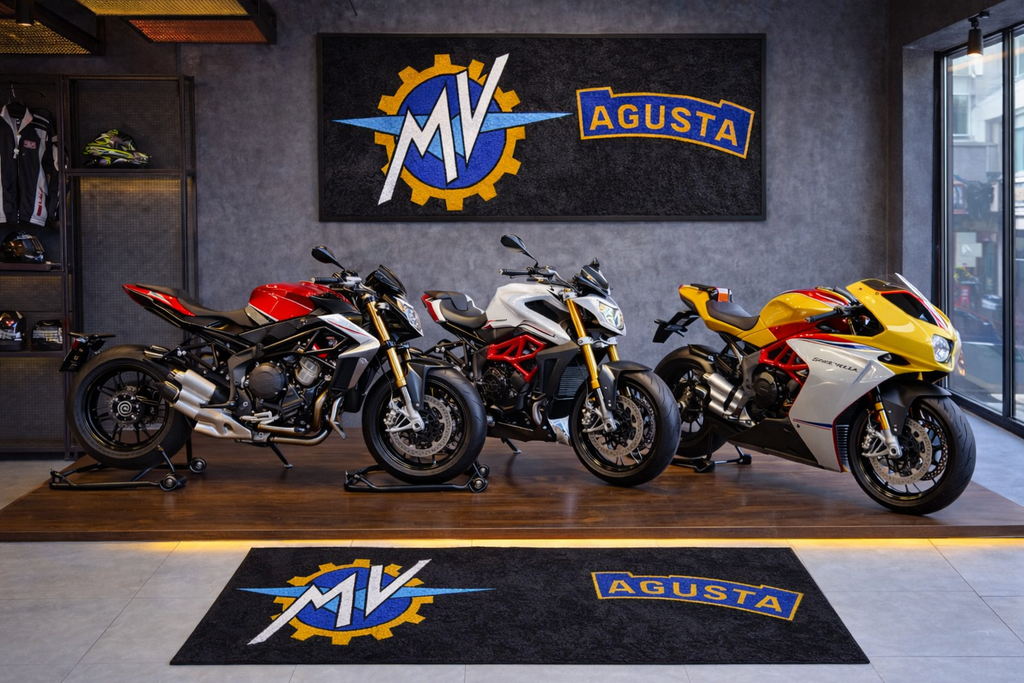 MV Agusta Motorcycle Garage Floor Mat 32x87 Inches Premium Showroom Rug Wall Decor Racing Style Bike Carpet