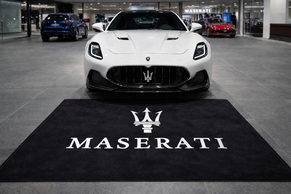 Maserati Garage Floor Mat 5x7 FT (60x87 Inches) Premium Showroom Rug & Wall Decor Luxury Racing Style