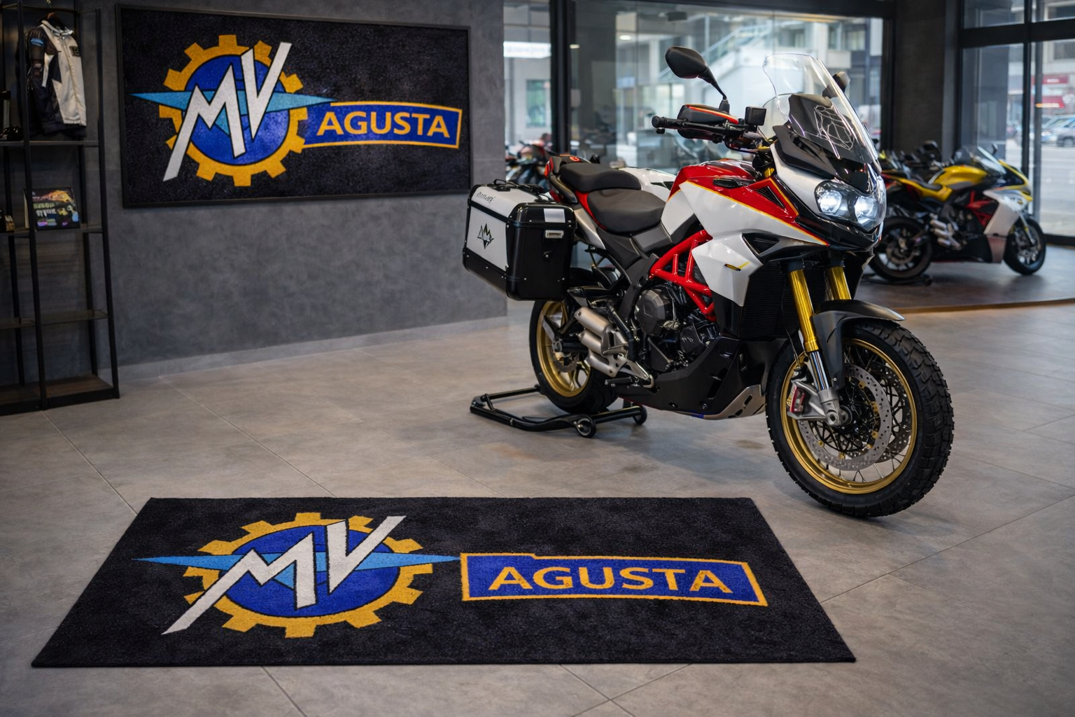 MV Agusta Motorcycle Garage Floor Mat 32x87 Inches Premium Showroom Rug Wall Decor Racing Style Bike Carpet