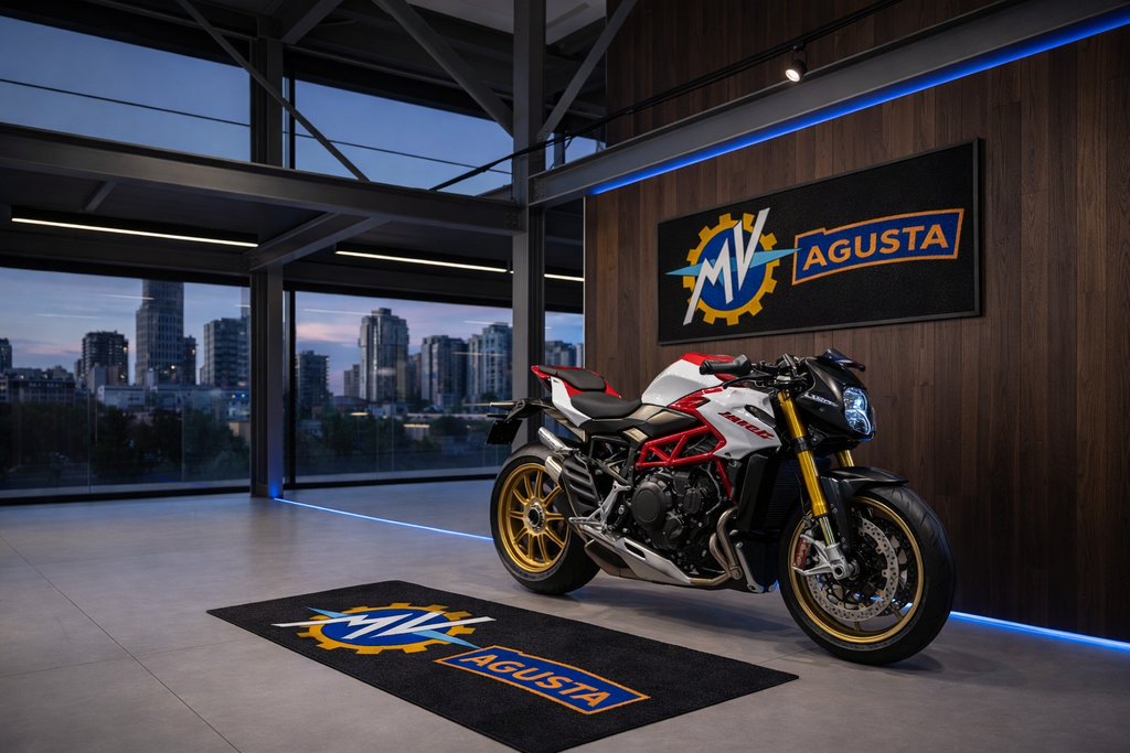 MV Agusta Motorcycle Garage Floor Mat 32x87 Inches Premium Showroom Rug Wall Decor Racing Style Bike Carpet
