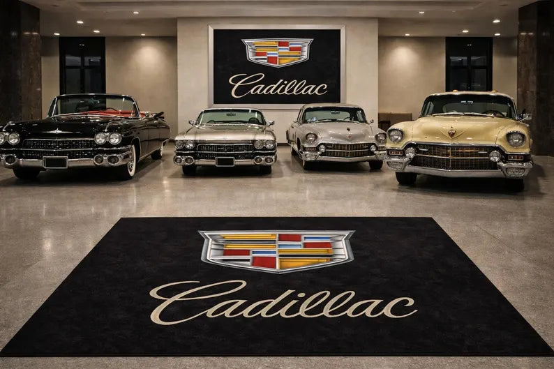 Cadillac Garage Floor Mat 5x7 FT (60x87 Inches) Premium Showroom Rug & Wall Decor Luxury Racing Style