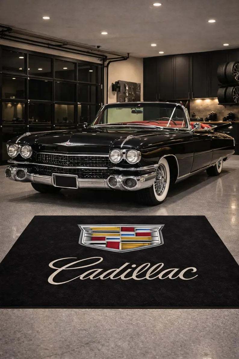 Cadillac Garage Floor Mat 5x7 FT (60x87 Inches) Premium Showroom Rug & Wall Decor Luxury Racing Style