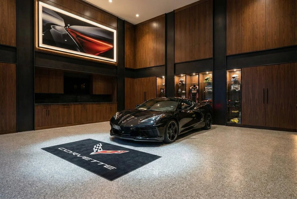 Corvette Garage Floor Mat 5x7 FT (60x87 Inches) Premium Showroom Rug & Wall Decor Luxury Racing Style