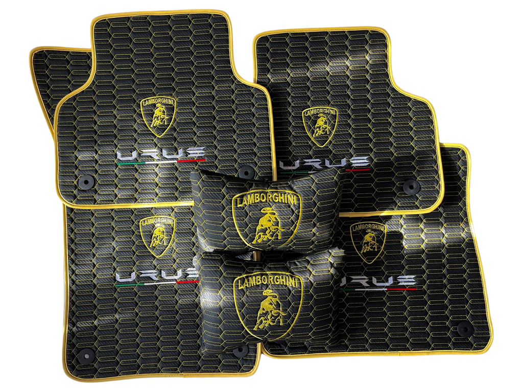 Lamborghini URUS Leather Car Floor Mat + Trunk Mat Full Set + 2 Pcs Lumbar Pillow, Waterproof Custom Car Mat