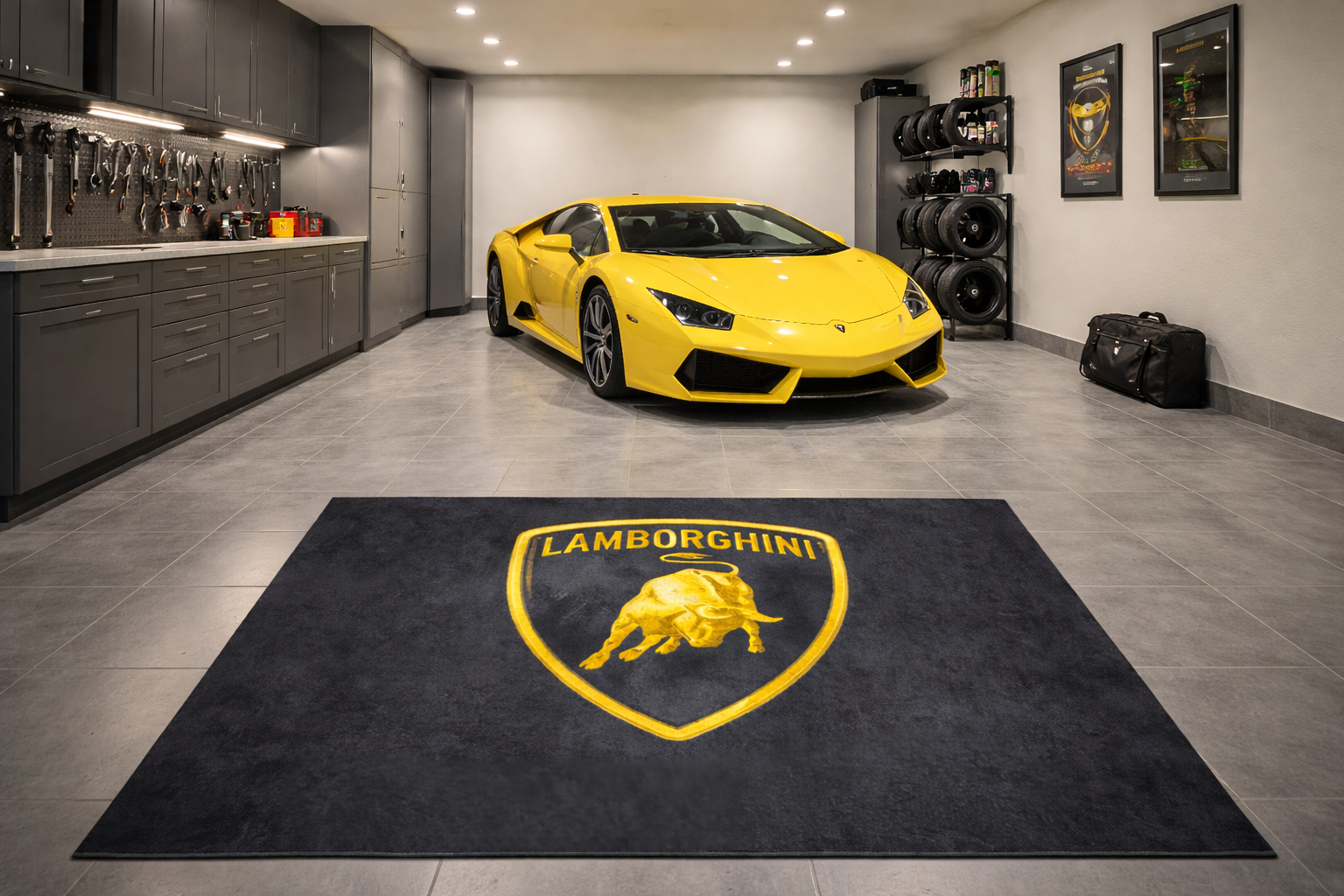 Lamborghini Garage Floor Mat 5x7 FT (60x87 Inches) Premium Showroom Rug & Wall Decor Luxury Racing Style