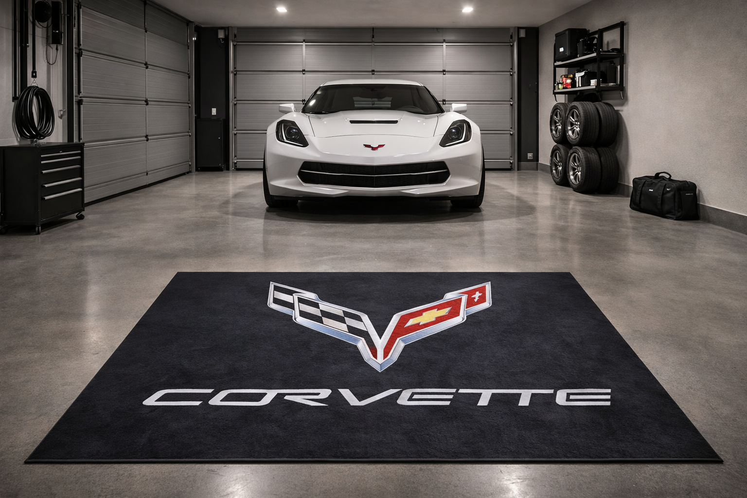 Corvette Garage Floor Mat 5x7 FT (60x87 Inches) Premium Showroom Rug & Wall Decor Luxury Racing Style
