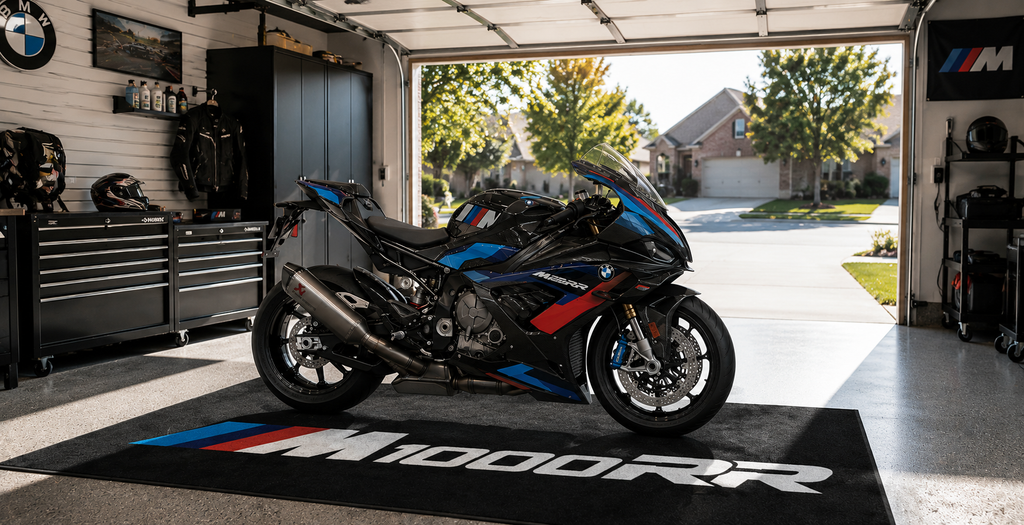 BMW M1000RR Motorcycle Garage Mat – Premium Garage Floor Protection 32x87 Inch