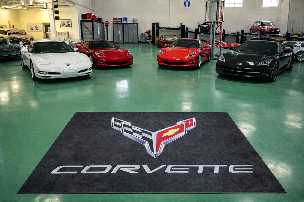 Corvette Garage Floor Mat 5x7 FT (60x87 Inches) Premium Showroom Rug & Wall Decor Luxury Racing Style