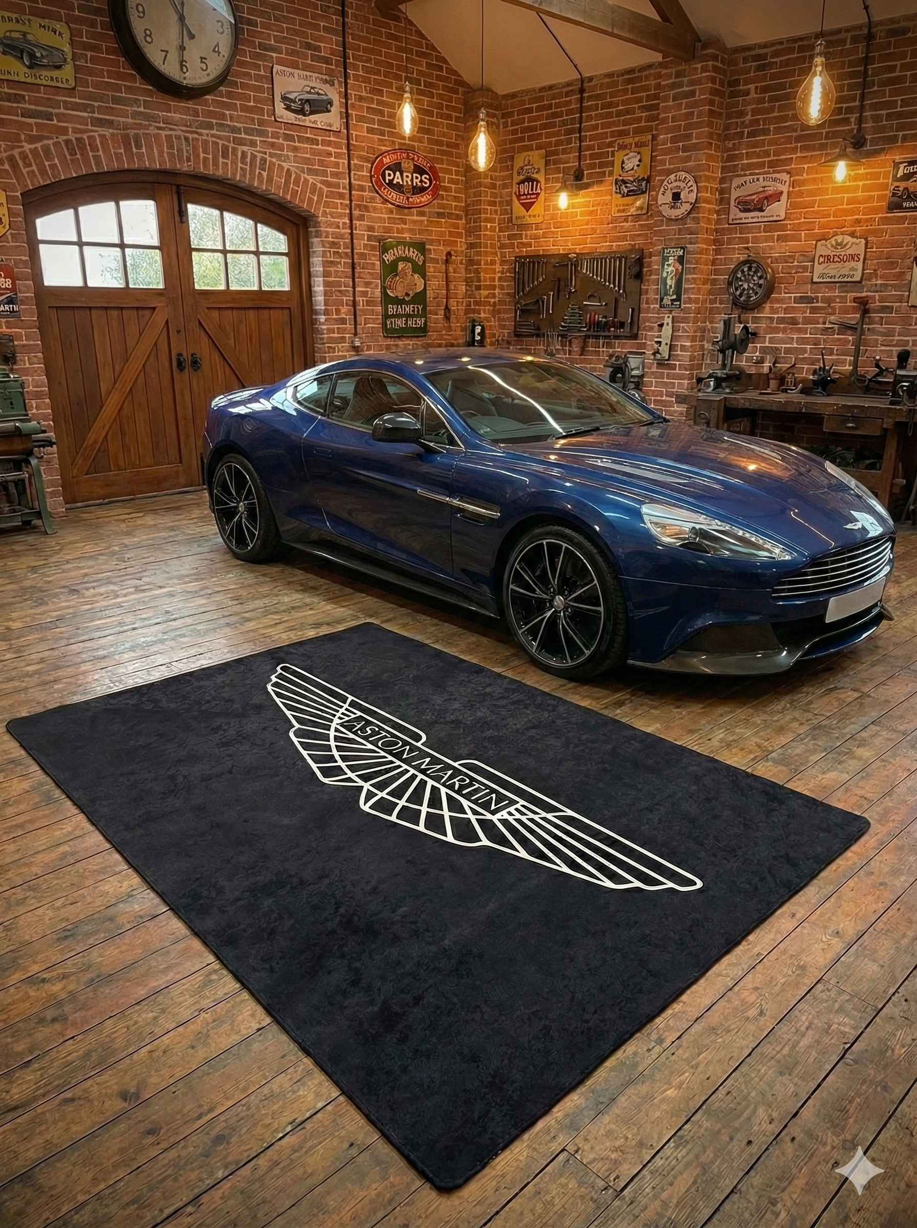 Aston Martin Garage Floor Mat 5x7 FT (60x87 Inches) Premium Showroom Rug & Wall Decor Luxury Racing Style