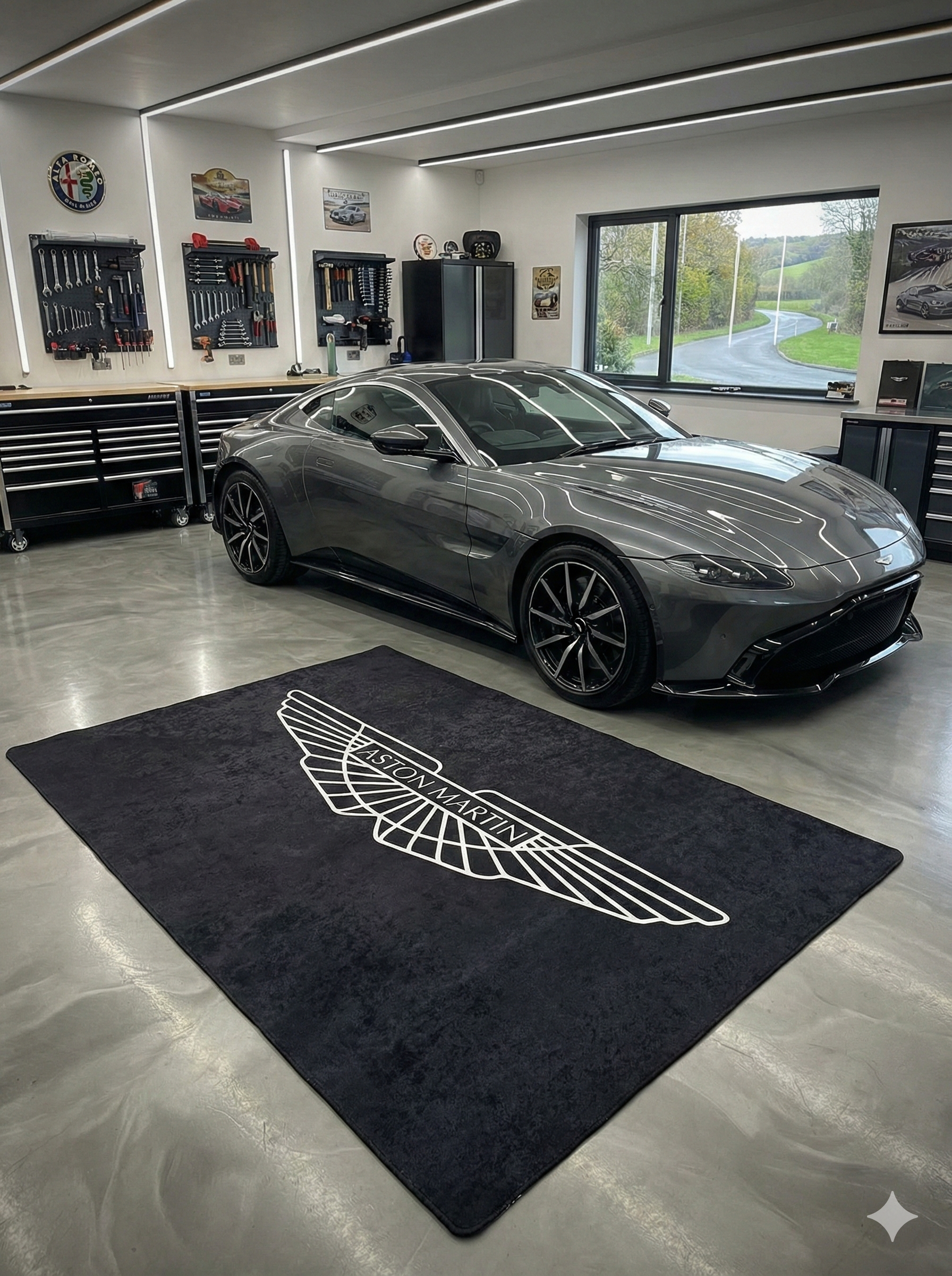 Aston Martin Garage Floor Mat 5x7 FT (60x87 Inches) Premium Showroom Rug & Wall Decor Luxury Racing Style