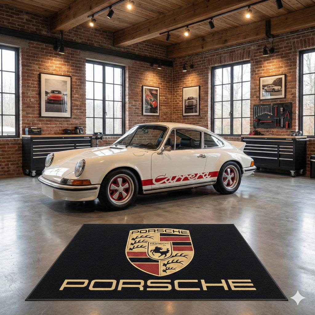 Porsche Garage Floor Mat 5x7 FT (60x87 Inches) Premium Showroom Rug & Wall Decor Luxury Racing Style