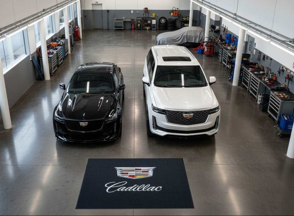 Cadillac Garage Floor Mat 5x7 FT (60x87 Inches) Premium Showroom Rug & Wall Decor Luxury Racing Style