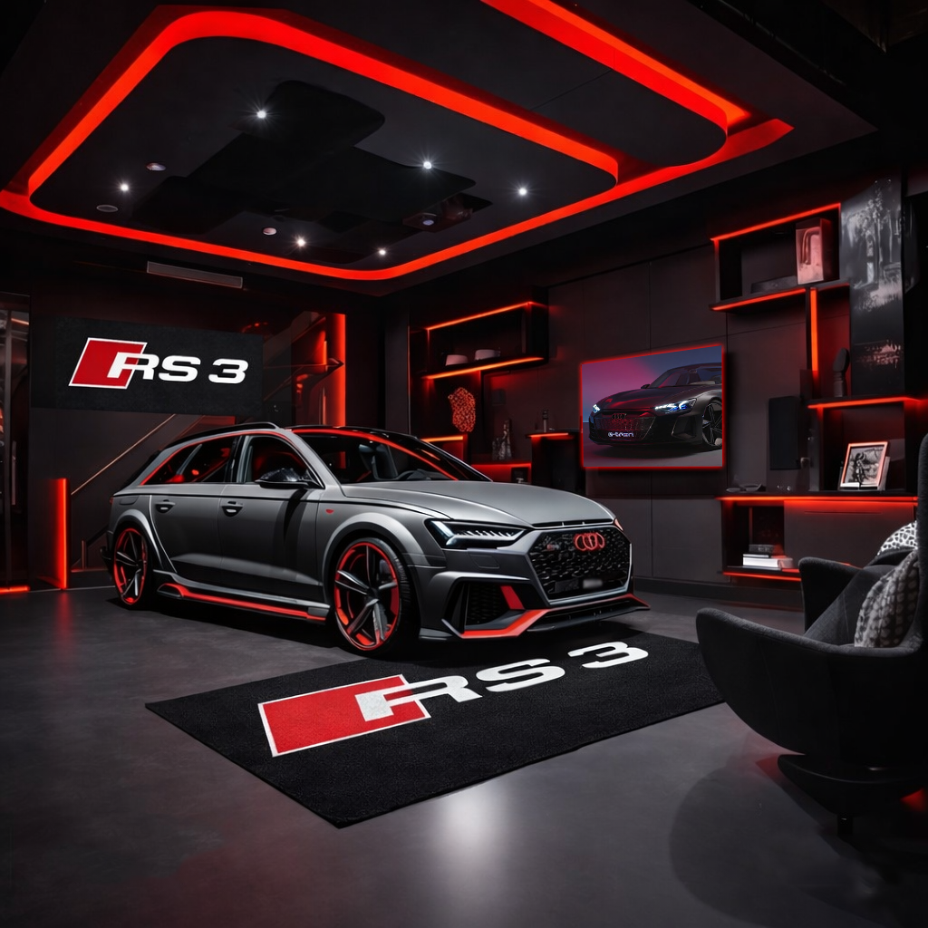 Audi RS3 Garage Floor Mat 5x7 FT (60x87 Inches) Premium Showroom Rug & Wall Decor