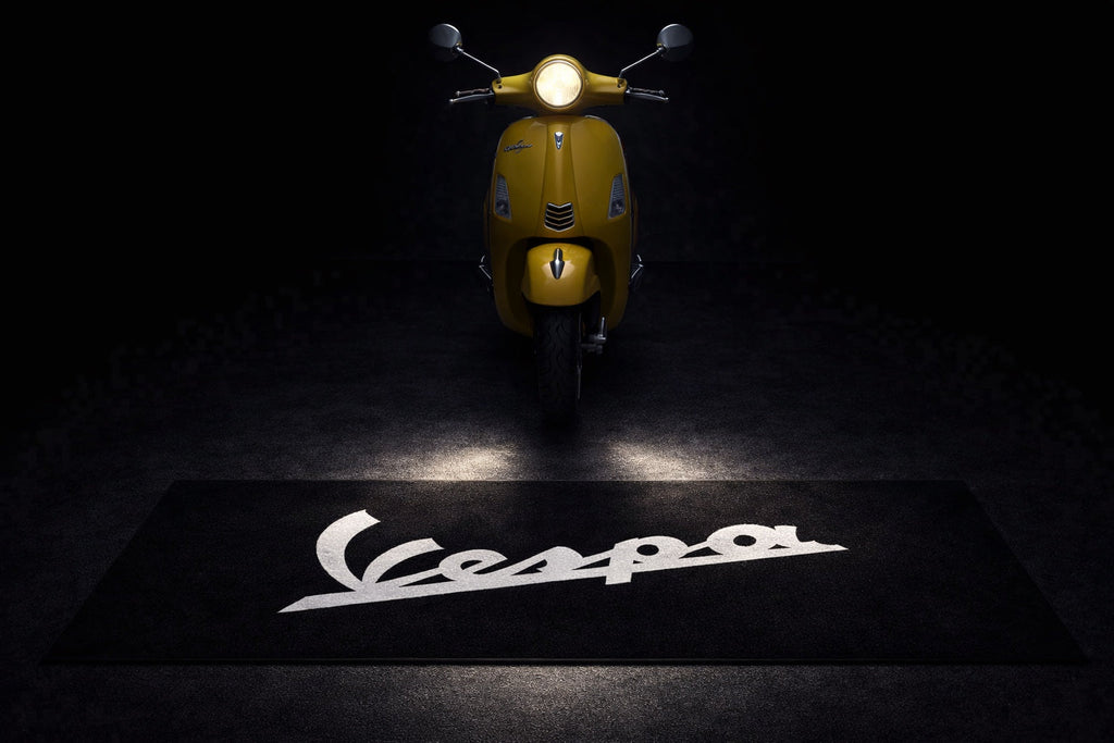 Vespa Motorcycle Garage Floor Mat 32x87 Inches Premium Showroom Rug & Wall Decor Racing Style Bike Carpet
